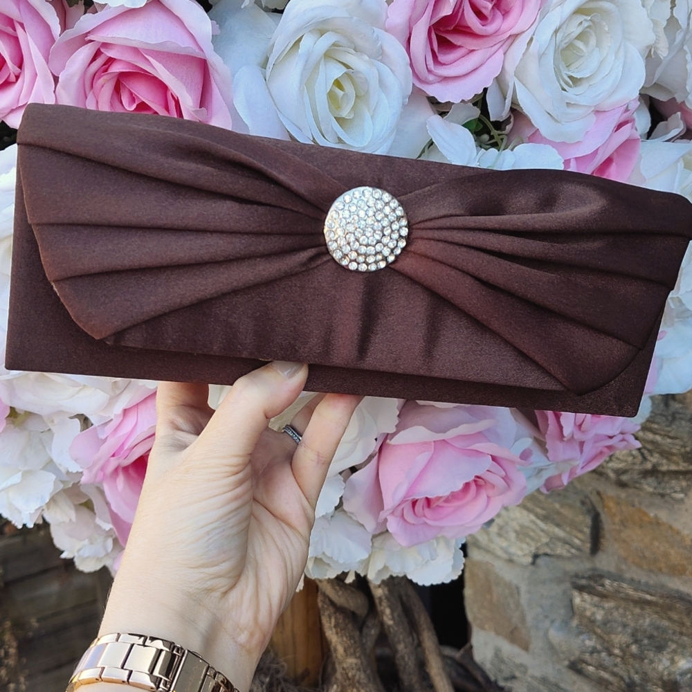 Mariell chocolate satin evening bag